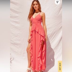 Lulu’s Vibrant Love Coral Sleeveless Ruffled Maxi Dress, size xsmall